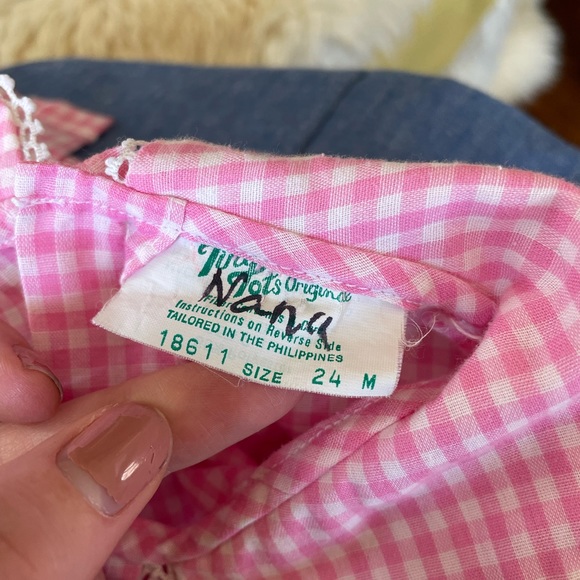 80s vintage 2 piece set overalls and short sleeved gingham top Peter pan collar - Picture 4 of 6